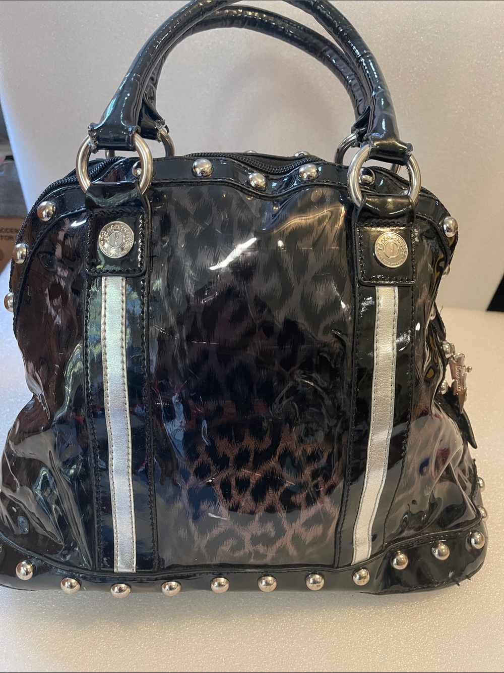 Betsey Johnson Black Patent Satchel with Silver Accents Betseyville - Picture 6 of 16